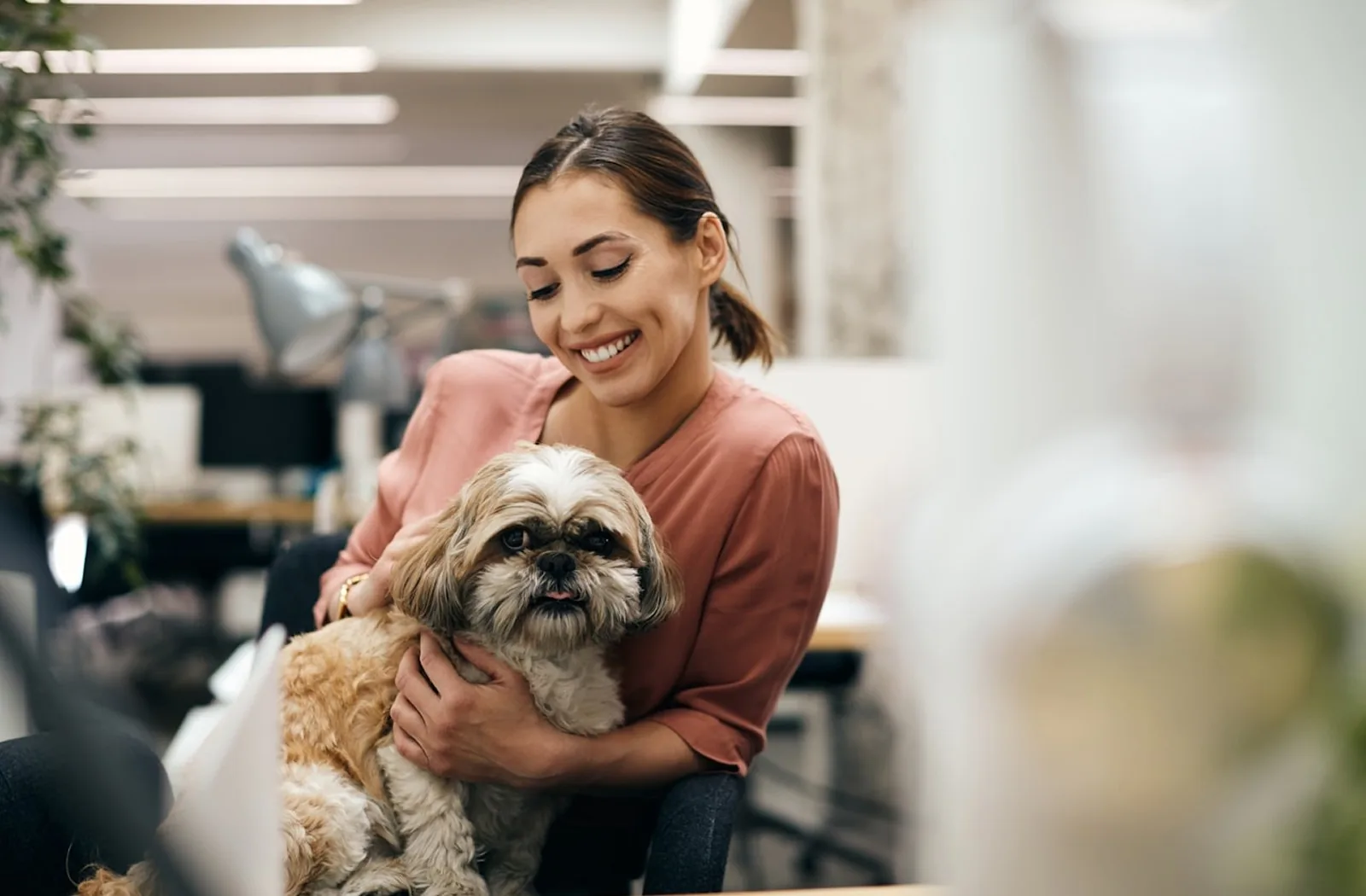 Kucağında shih tzu cinsi yaşlı köpekle gülümseyen kadın